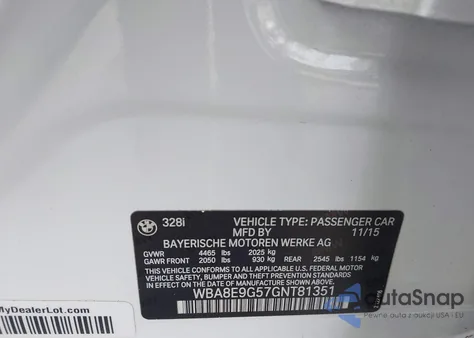 2016 BMW 328I from USA, damaged, VIN WBA8E9G57GNT81351
